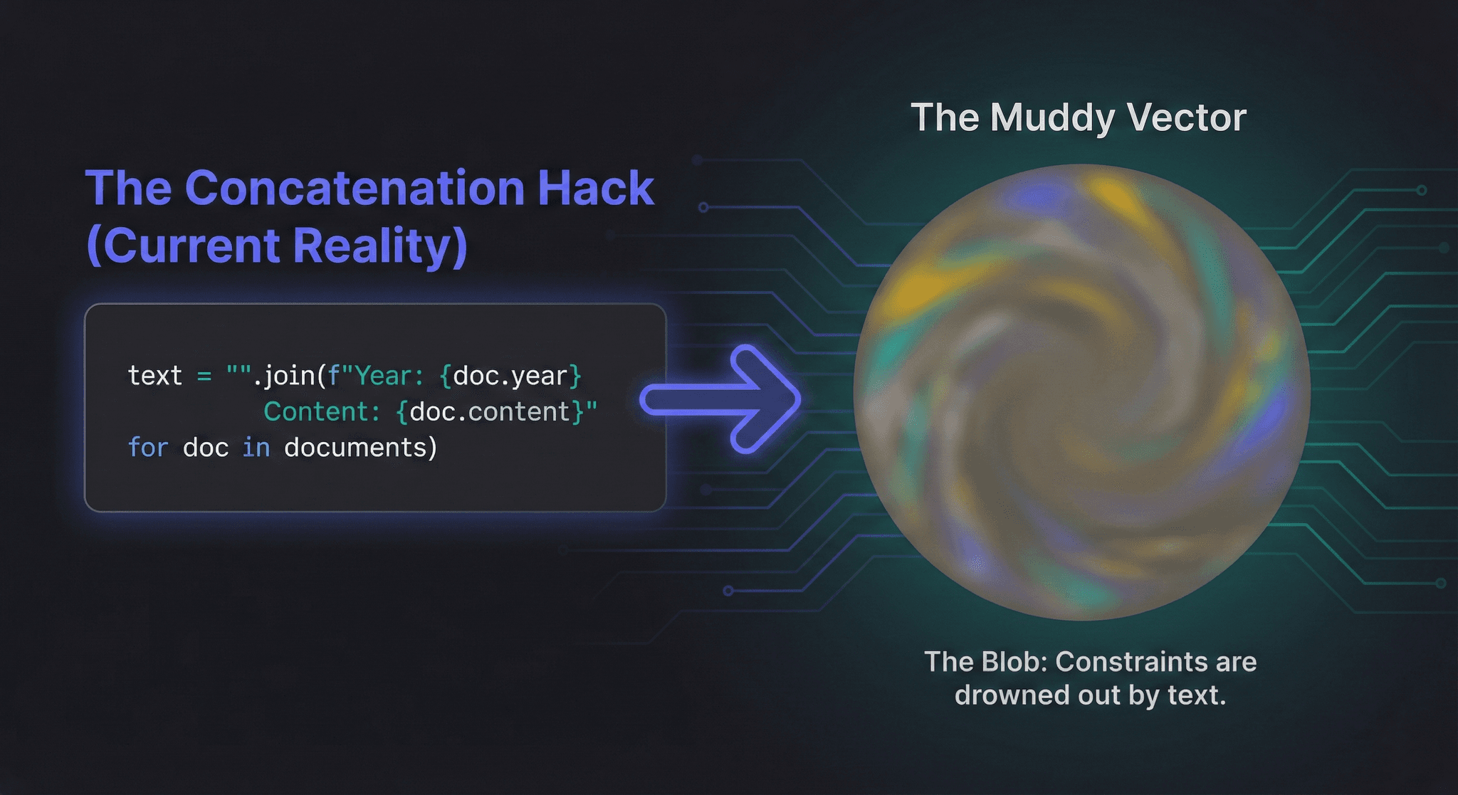 A code block showing a messy Python script that concatenates metadata with text before embedding