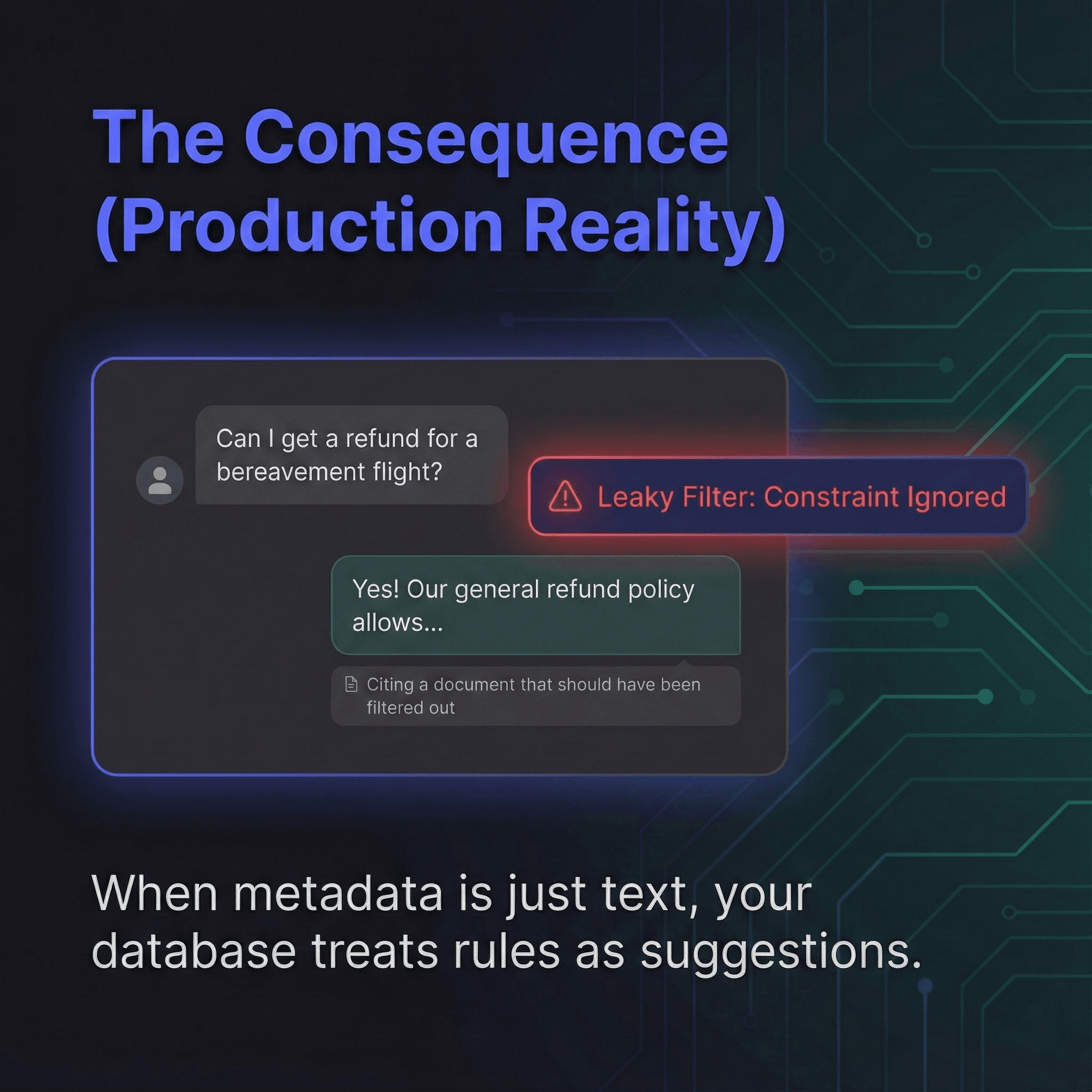 A mock chat interface showing a RAG failure due to metadata dilution