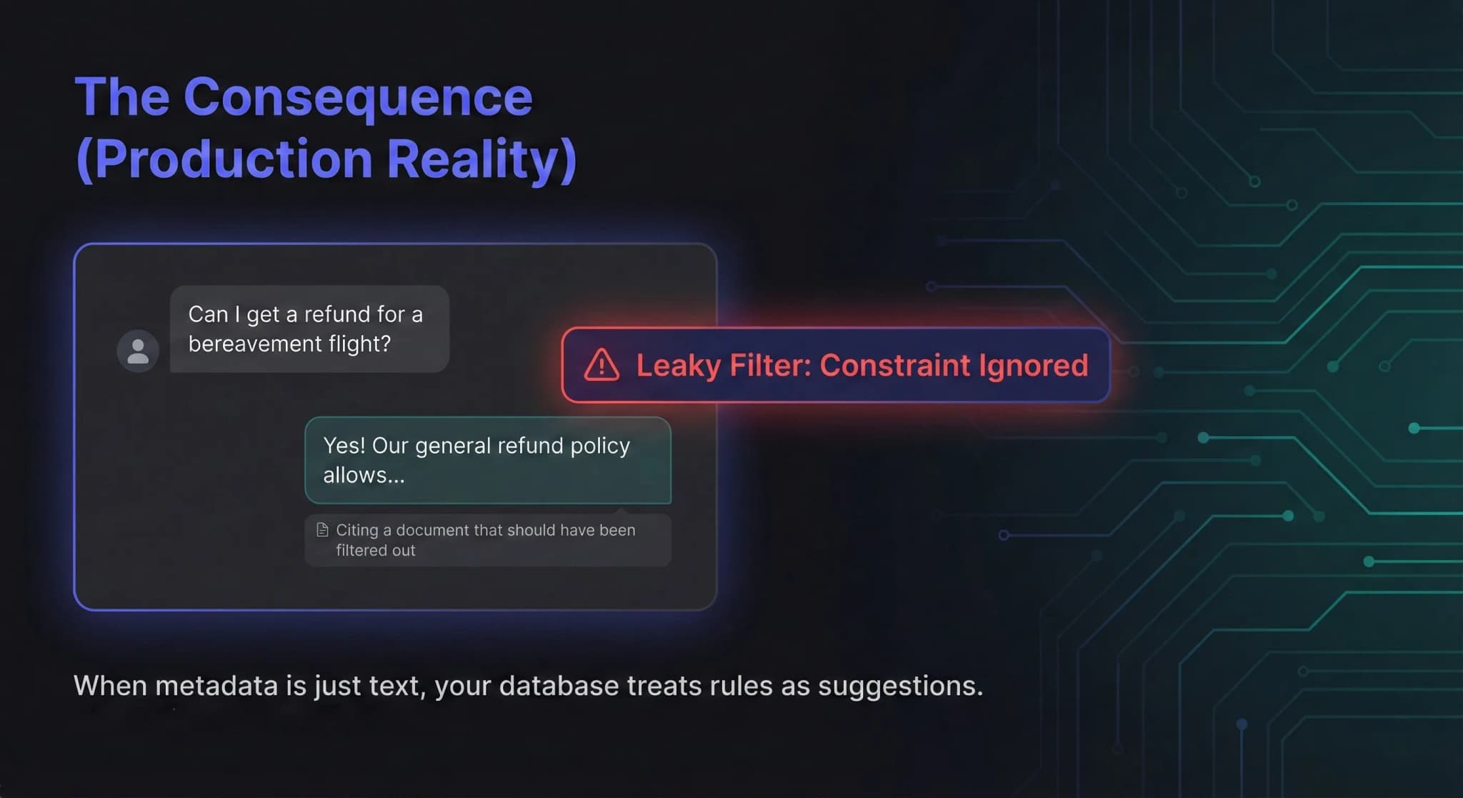 A mock chat interface showing a RAG failure due to metadata dilution